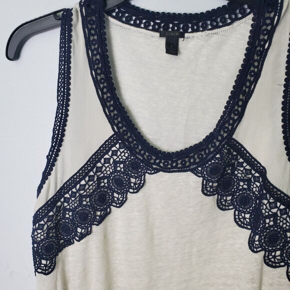 J. Crew Linen Tank Top Cream Navy Lace Size Small - Picture 5 of 8